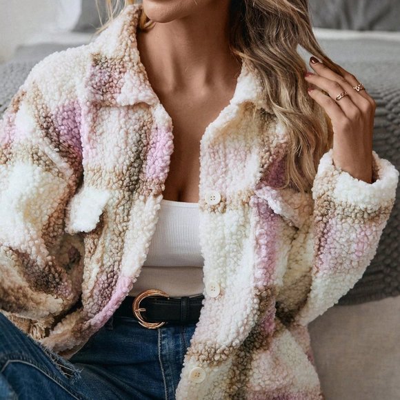 . Jackets & Blazers - Tan Casual Womens Plaid Print Drop Shoulder Teddy Coat